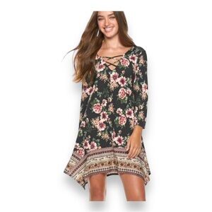 Medium Floral Boho Dress Strappy Neckline Three Pink Hearts Stretch Flowy